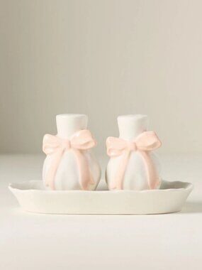 Anthropologie Benedita Stoneware Bow Salt & Pepper Shakers, Pink